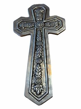 Vtg. 98’ Mexican Decorative Pewter Wall Cross 15” Tall Folk Art Hand Crafted